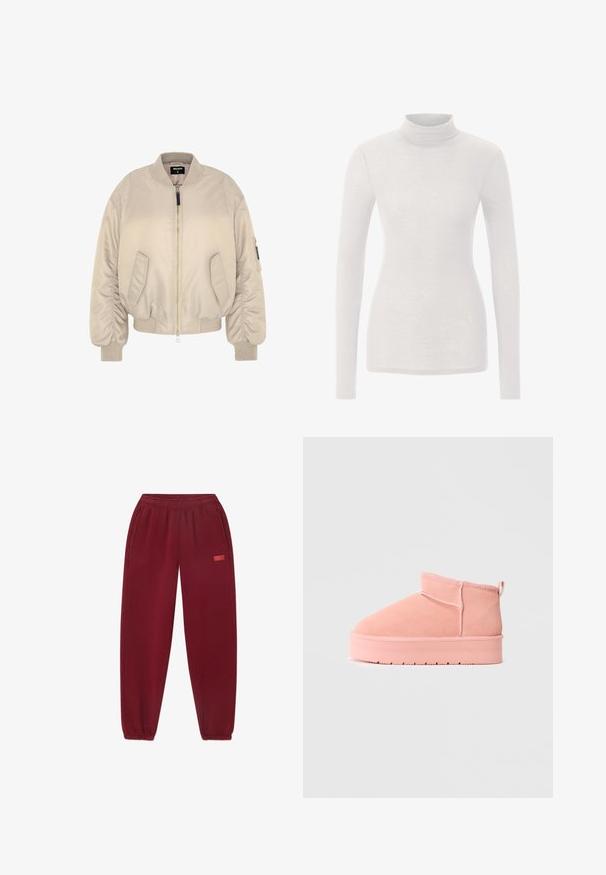 Beige bomber jacket with a zipper closure, ribbed cuffs and hem, and two side pockets. Smooth fabric with a slightly padded texture.; Valkoinen pitkähihainen poolopaita, joka on valmistettu kevyestä, hieman pintakuvioidusta kankaasta. Ominaisuuksiin kuuluu istuva muotoilu, saumattomat olkapäät ja korkea kaulus.; Burgundy collegehousut, joissa on elastinen vyötärö, sivutaskut ja kapeat lahkeet. Huomattava logo painettuna vaaleanpunaisena vasemmalle puolelle.; Vaaleanpunaiset mokkasaappaat nilkkapituisina, joissa on litteä pohja, ommeltuja yksityiskohtia ja vetoketju yksinkertaisella vaaleanharmaalla taustalla, sivuprofiilikuva.