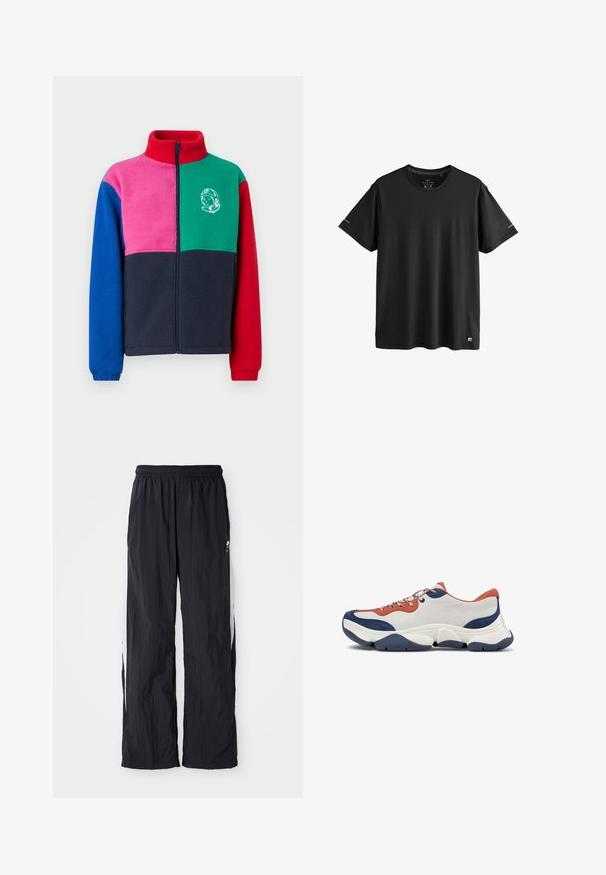 Chaqueta de forro polar con cuello alto, cierre de cremallera y un diseño de bloques de color en rojo, verde, rosa, azul y marino, con un gráfico de astronauta.; Camiseta deportiva negra de manga corta con cuello redondo, con logos sutiles en las mangas y el dobladillo inferior, talla mediana.; Pantalones de chándal negros de nailon con pretina elástica, que presentan paneles laterales blancos y un sutil detalle de logo en la parte frontal.; Zapatillas con una parte superior de cuero blanco, acentos en naranja y azul marino, cordones multicolores y una suela de goma gruesa en azul marino con surcos texturizados.