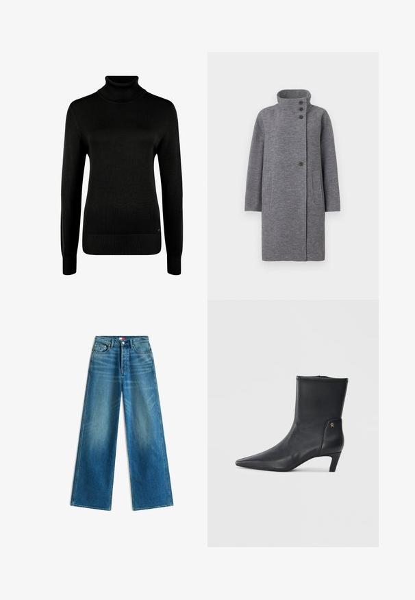 Manteau en laine gris avec un col montant, fermeture à trois boutons à l'avant et deux poches latérales. Il présente un design coupe droite et des manches longues.; Pull noir à col roulé manches longues avec poignets et ourlet côtelés, présenté sur fond blanc.; Jean bleu à jambes larges avec poches avant, passants de ceinture, fermeture par bouton et petits détails du drapeau de la marque sur la poche et à la taille.; Bottines en cuir noir avec un bout pointu et un petit talon. Présentent une texture lisse et un petit détail en logo doré sur le côté.