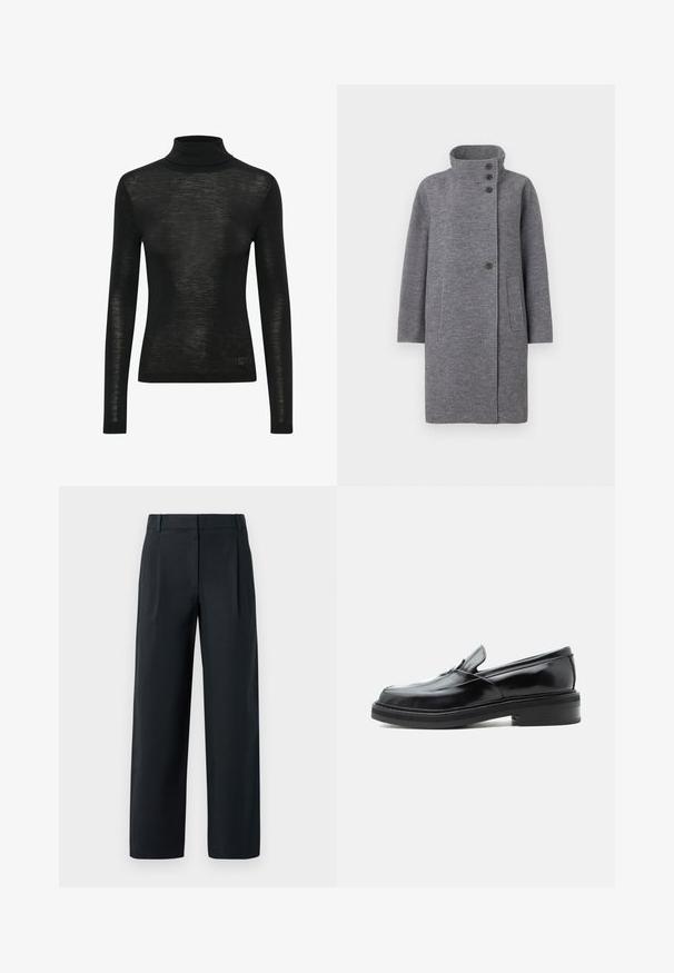 Manteau en laine gris avec un col montant, fermeture à trois boutons à l'avant et deux poches latérales. Il présente un design coupe droite et des manches longues.; Pull à col roulé noir en tissu léger et semi-transparent. Manches longues, coupe ajustée, avec un petit logo en accent au bas.; Pantalon noir ajusté avec une coupe droite, présentant des plis avant, une texture lisse et des passants de ceinture. Pas de poches visibles.; Mocassin en cuir noir à enfiler avec un petit talon et un bout carré arrondi, vu de côté sur un fond blanc uni.