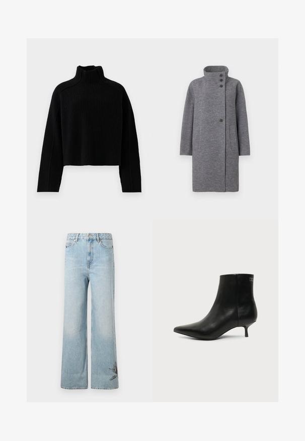Manteau en laine gris avec un col montant, fermeture à trois boutons à l'avant et deux poches latérales. Il présente un design coupe droite et des manches longues.; Pull en maille côtelée noire avec un col montant et une coupe courte, doté de manches longues et d'une finition texturée.; Jeans larges en denim bleu clair, avec une texture délavée et des broderies florales sur le bas de la jambe gauche.; Bottine en cuir noir avec bout pointu et petit talon kitten sur fond clair, vue côté extérieur.