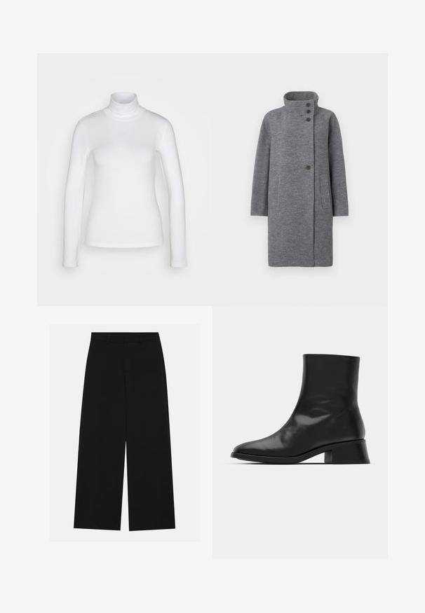 Grijze wollen jas met een hoge kraag, drie knoopsluitingen aan de voorkant en twee zijzakken. Heeft een recht gesneden ontwerp en lange mouwen.; Witte langemouwen turtle neck shirt van een soepel, rekbaar stof. Heeft een strakke pasvorm en een hoge kraag. Geen zichtbare patronen of accenten.; Zwart, wijde broek van een gladde stof. Heeft een plat tailleband met riemlussen en geen zichtbare zakken. Eenvoudig ontwerp.; Zwarte enkelboot van glanzend leer, met een slank ontwerp, spitse neus en een gematigde blokhak voor stabiliteit.