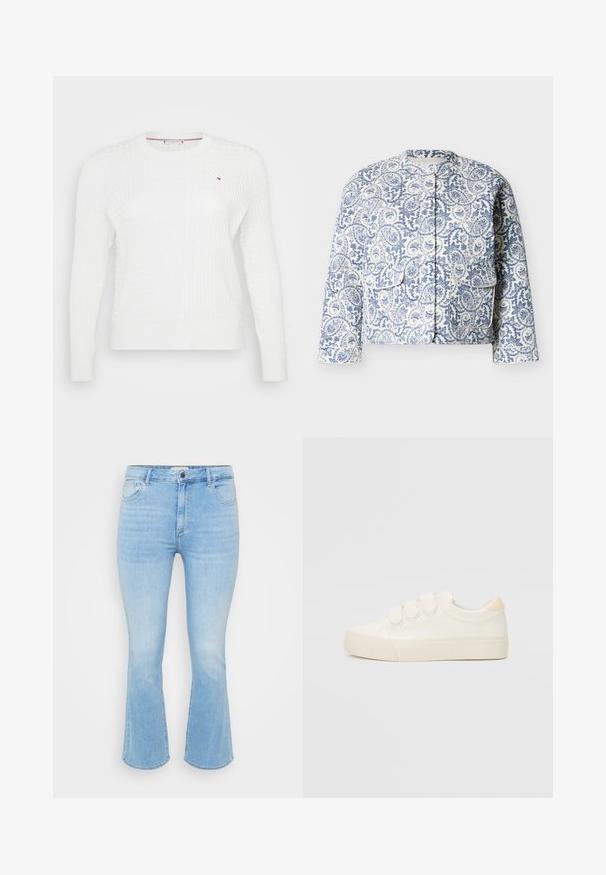 Hvid quiltet jakke med blåt blomstret og paisleymønster, trykknaplukning foran, to store forlommer og en rund krave.; Hvid strikket sweater med et struktureret diamantmønster, rund halsudskæring og lange ærmer. Lille logoaccent på brystet.; Lys blå denim jeans med en tætsiddende talje, flagrende bukseben, fem-lomme design og subtil forvitring i stofstrukturen.; Hvide sneakers med en glat læderlignende overdel, tre velcrostropper, rund tå og en tekstureret gummisål. Bagakcent i beige.