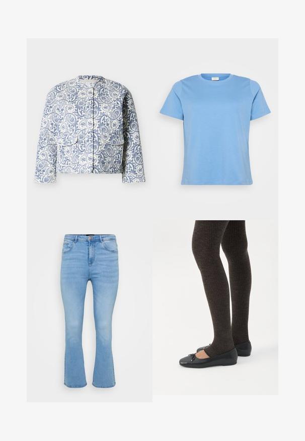 Hvid quiltet jakke med blåt blomstret og paisleymønster, trykknaplukning foran, to store forlommer og en rund krave.; Lyseblå kortærmet t-shirt lavet af glat bomuldsstof, med en klassisk rund halsudskæring og en afslappet pasform.; Lyseblå flagrende jeans i denim af bomuld. Features høj talje, fem lommer og synlige sømme langs sømme og kant.; Ben iført mørke ribbede leggings kombineret med sorte balletsko med små sløjfedetaljer på hvid baggrund.