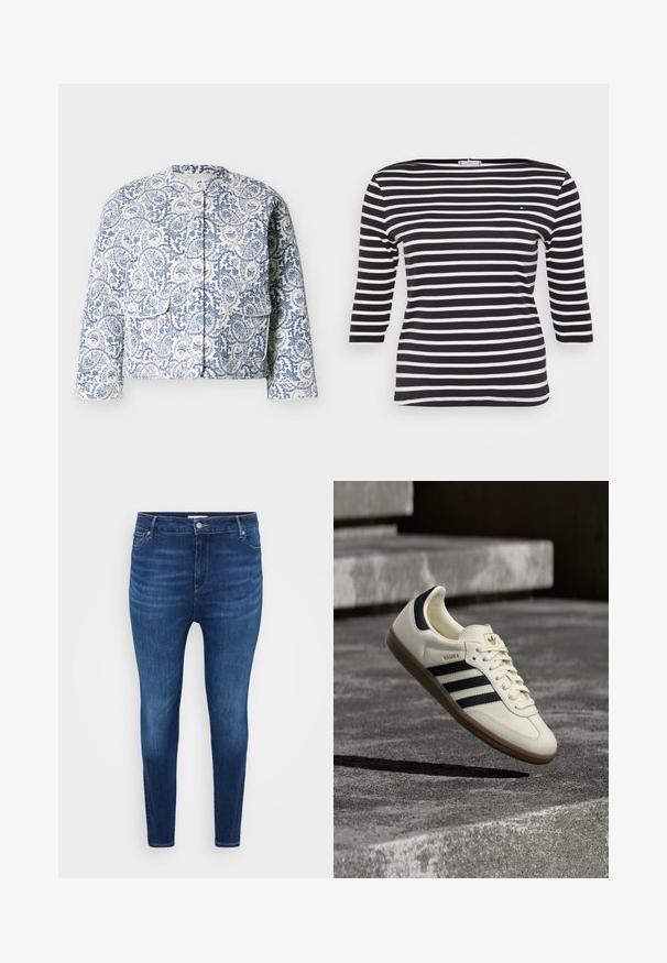 Witte doorgestikte jas met blauw bloemen- en paisleypatroon, drukknoopsluiting aan de voorkant, twee grote zakken aan de voorkant en een ronde kraag.; Zwart-witte gestreepte langwerpige shirt met lange mouwen, een bootnek en een klein logo op de borst, gemaakt van ribbelstof.; Donkerblauwe skinny jeans met voorzakken, riemlussen en een knoopsluiting op een lichte effen achtergrond.; Witte Adidas Samba sneaker met zwarte strepen en gumzool, zwevend boven gestructureerde grijze betonnen treden.