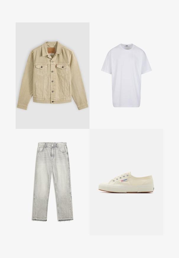 Beige denimjakke med knapper foran, brystlommer med klap og knapper, sidelommer med slidser og et brunt lædermærke indeni kraven.; Hvid, kortærmet bomulds-T-shirt med rund hals og synligt størrelses- og mærkelabel inde i kraven.; Lys grå denimjeans med en let falmet finish, lige pasform, fem-lomme design og flosset søm. Flad taljebånd med bælteløkker.; Beige lærredssneaker med et lavprofildesign, metaløjet og gummisål. Har et tekstureret mønster og logodetalje på siden.