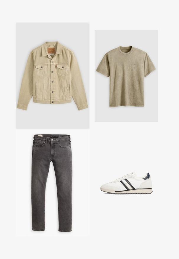 Beige denimjakke med knapper foran, brystlommer med klap og knapper, sidelommer med slidser og et brunt lædermærke indeni kraven.; Lysbrun, kortærmet t-shirt med rund hals, lavet af blødt stof. Har et lille, broderet logo på brystet.; Grå denimjeans med lige pasform, fem-lomme design og knaplukning. Har subtil falmning og tonalt syning over hele. ; Hvid atletisk sko med sorte og cremefarvede striber, glat læderoverdel, gummisål og tekstureret hælaccent. Snørebånd og logo på siden.
