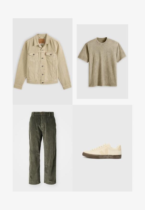 Beige denimjakke med knapper foran, brystlommer med klap og knapper, sidelommer med slidser og et brunt lædermærke indeni kraven.; Lysbrun, kortærmet t-shirt med rund hals, lavet af blødt stof. Har et lille, broderet logo på brystet.; Olivengrønne fløjlsbukser med lodrette ribber, der har knaplukning og lige ben. Blød tekstur med en klassisk pasform.; Beige lærredssko med rund tå, flade snørebånd og struktureret brun gummisål. Har et logo på siden og et minimalistisk design.