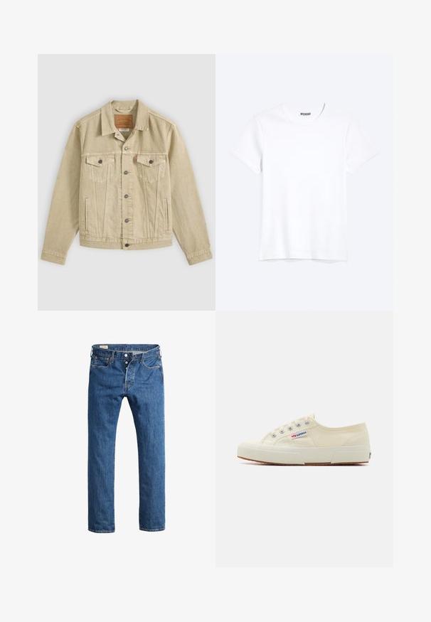 Veste en jean beige avec fermeture par boutons, poches poitrine à rabats avec boutons, poches latérales fendues et une étiquette de marque en cuir marron à l’intérieur du col.; T-shirt blanc uni à manches courtes et col rond avec une étiquette de la marque WEEKDAY visible au niveau du col, présenté sur un fond clair.; Jean en denim bleu avec une coupe droite, dotés d'une fermeture à bouton à l'avant, de passants de ceinture et d'un style classique à cinq poches.; Baskets en toile beige au design épuré, œillets en métal et semelle en caoutchouc. Présente un motif texturé et un détail de logo sur le côté.