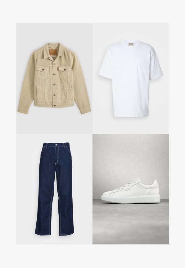 Beige Jeansjacke mit Knopfleiste vorne, Brustklappentaschen mit Knöpfen, seitlichen Schlitzentaschen und einem braunen Leder-Label innen im Kragen.; Weißes Kurzarm-T-Shirt aus Baumwolle. Mit einer Brusttasche und feinen Nähten an der Tasche. Rundhalsausschnitt.; Dunkelblaue Denim-Hosen mit weitem Bein, hoher Taille, Fronttaschen und kontrastierendem weißen Nähten entlang der Säume.; Weiße Ledersneaker mit runder Zehenform, flacher Schnürung und grauer Gummisohle. Verfügt über dezente Nähte und ein Logoakzent.