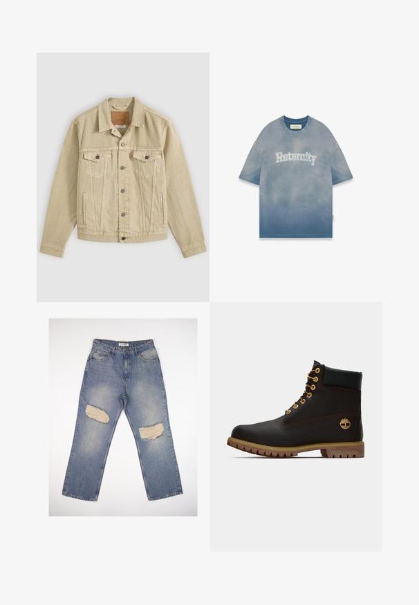 Beige spijkerjasje met knopen voorop, borstflapzakken met knopen, zijzakken met splitten en een bruin leren merkembleem binnenin de kraag.; Blauwe tie-dye t-shirt van katoen. Het heeft een dropping schouderlijn, een ronde hals en het woord "Reternity" in contrasterende witte opdruk aan de voorkant.; Lichtblauwe denim jeans met een rechte pasvorm, voorzien van twee grote versleten stukken op de knieën en een standaard vijf-pocket ontwerp.; Zwarte leren enkellaars met gouden oogjes, bruine accenten en een rubberen zool. Heeft een gevoerde kraag en geperst logo aan de zijkant.
