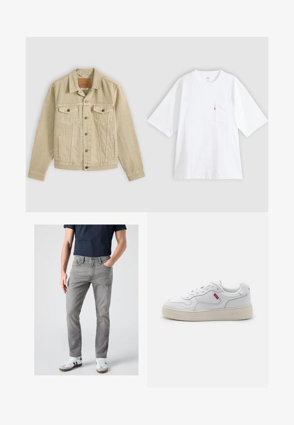 Beige denimjakke med knapper foran, brystlommer med klap og knapper, sidelommer med slidser og et brunt lædermærke indeni kraven.; Hvid bomulds-T-shirt med korte ærmer, rund hals og lomme på venstre bryst. Har en lille rød logoetiket på lommen.; Mand iført grå slim-fit jeans, hvide sneakers med sorte striber og en mørkeblå kortærmet skjorte, står med den ene hånd i lommen.; Hvide lædersneakers med en tekstureret overflade, roundet tå og beige gummisål. Har rødt Levi's-logo på siden og polstret krave.