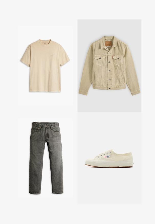 Beige Jeansjacke mit Knopfleiste vorne, Brustklappentaschen mit Knöpfen, seitlichen Schlitzentaschen und einem braunen Leder-Label innen im Kragen.; Beige Baumwoll-T-Shirt mit Rundhalsausschnitt und kurzen Ärmeln. Verfügt über ein dezentes "Levi's"-Logo in der gleichen Farbe auf der Brust. Weiche Textur.; Graue Jeans aus Denim mit geradem Bein, klassischem Fünf-Taschen-Design und dezenten Nähten an den Säumen und Taschen.; Beige Leinen-Sneaker mit niedrigem Profil, Metallösen und Gummisohle. Mit einem strukturierten Muster und einem Logodetail an der Seite.