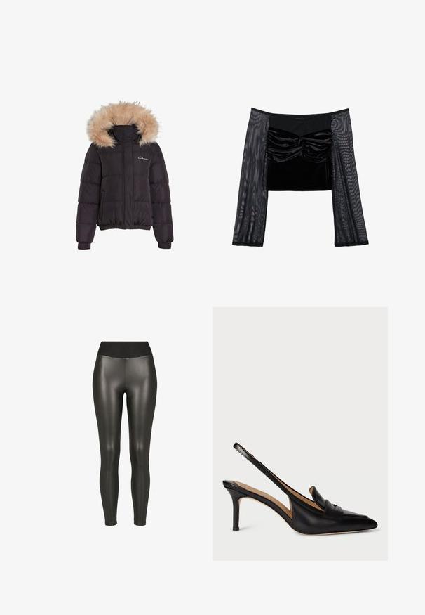 CLOSURE London CROPPED PUFFER - Talvejope - black; Mustalane crop top, millel on sametist bodi gathered tekstuuriga, millele lisavad läbipaistev võrkkangas pikkade varrukatega. Sile ja veidi veniv materjal.; Mustad kõrge vöökohaga kunstnahast retuusid, sileda ja läikiva viimistlusega ning pahkluu pikkusega disainiga valgel taustal.; Mustad nahast slingback pump, millel on terav nina, madal konts ja dekoratiivne rihm üle jala. Sujuv tekstuur ja minimalistlik disain.