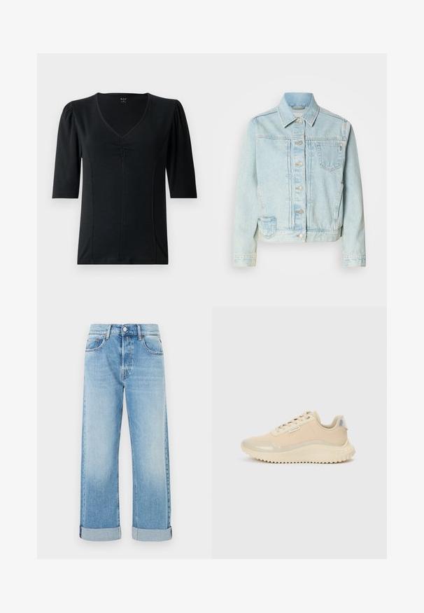 Veste en denim bleu clair avec un devant à boutons, deux poches latérales et une poche poitrine. Le tissu présente une texture délavée.; Haut noir à manches courtes avec un col en V, présentant des détails froncés au centre et un tissu lisse et élastique.; Jean en denim bleu clair avec une coupe droite, comportant cinq poches, une fermeture à bouton et des ourlets roulés à l'hem.; Baskets beiges avec un bout et une partie supérieure en cuir verni lisse, détaillées avec une semelle intermédiaire texturée et une semelle extérieure en caoutchouc à bande de roulement. Comprend une étiquette de marque.
