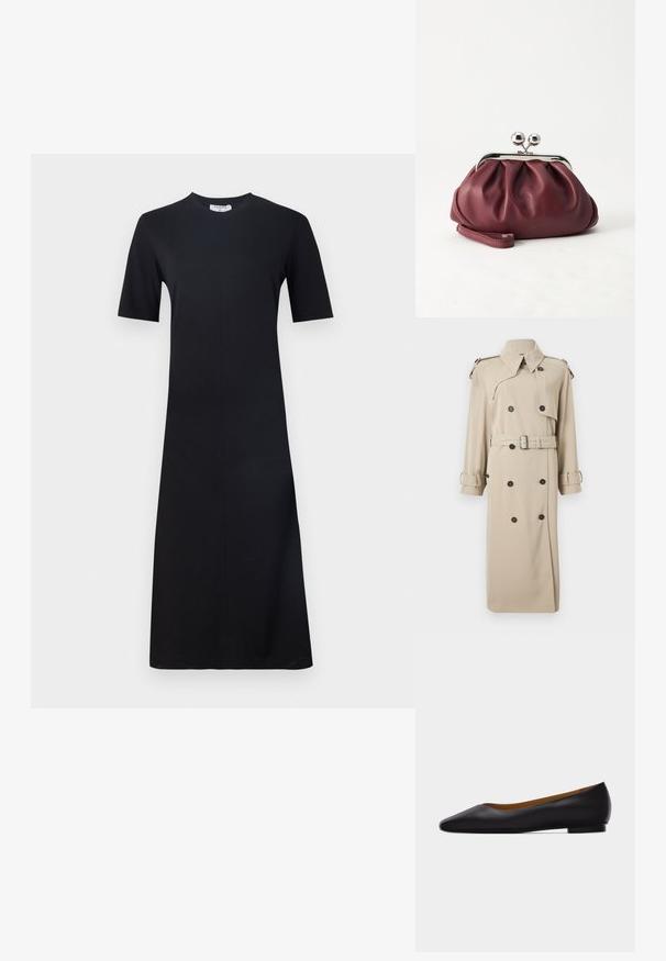 Beige dubbelgeknoopte trenchcoat met brede revers, schouderepauletten, een tailleriem en manchetsluitingen.; Filippa K Jerseyjurk - black; Zwarte leren puntschoen met lage hak en gladde afwerking, zijaanzicht op een lichtgrijze achtergrond.; Kleine bordeauxrode leren clutch-portemonnee met zilverkleurige metalen sluiting en polsbandje op een witte achtergrond.