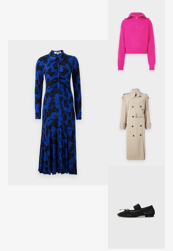 Beige dobbeltradet trenchcoat med brede revers, skulderremme, bælte i taljen og manchetremme.; Fuchsia croppet sweater med ribbet tekstur, der har en lynlåsgivet krave og vide ærmer, designet til en afslappet pasform.; Blå leopardprint kjole med lange ærmer, krave, rynket liv og en udvidet nederdel. Fremstillet af et glat, strækbart stof.; Sort flad sko med spids tå, lavet af tekstureret stof, med en sløjfeaccent og en lille, rund hæl. Elastisk rem ved anklen.