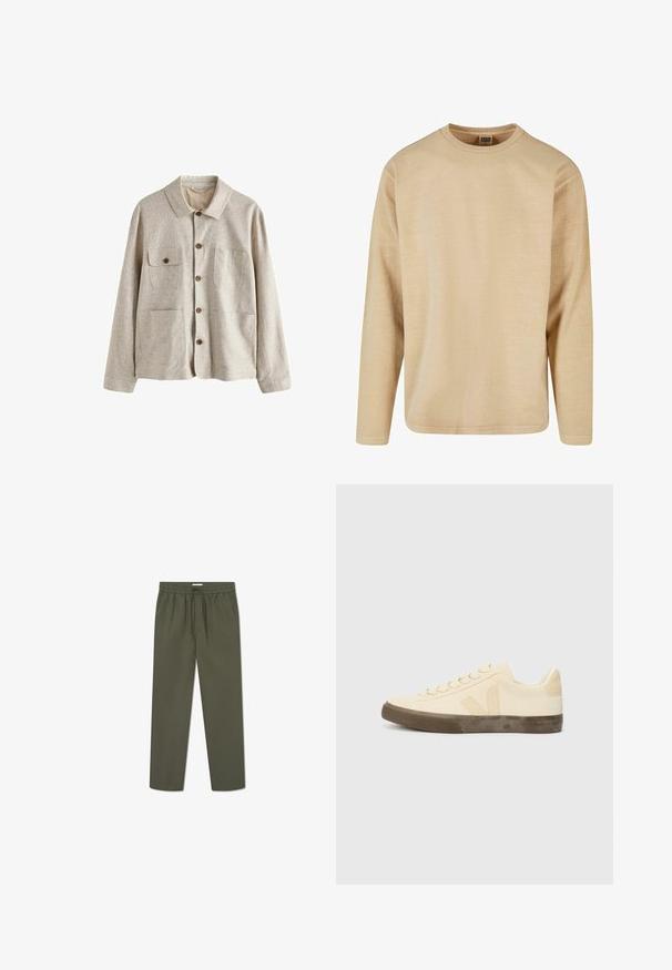Beige Hemdjacke mit Kragen und vier vorderen Taschen, eine mit Knopfklappe, aus strukturiertem Stoff.; Beige Langarm-T-Shirt aus weichem Stoff, mit Rundhalsausschnitt, lockerer Passform und minimalen Nähten für ein sauberes Design.; Olivgrüne Hose mit elastischem Bund, Kordelzug und seitlichen Taschen. Der Stoff hat eine glatte, leichte Textur.; Beige Leinensneaker mit runder Zehenpartie, flachen Schnürsenkeln und strukturiertem braunem Gummi-Sohle. Mit einem Logo an der Seite und einem minimalistischen Design.
