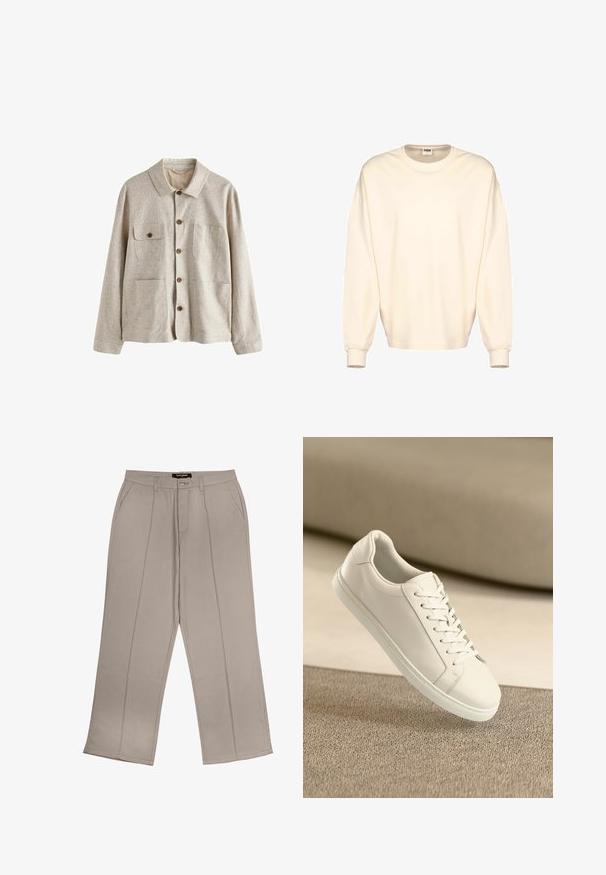 Beige Hemdjacke mit Kragen und vier vorderen Taschen, eine mit Knopfklappe, aus strukturiertem Stoff.; Cremefarbener übergroßer Pullover mit langen Ärmeln, rundem Halsausschnitt und gerippten Bündchen. Hergestellt aus weichem, glattem Material, minimalistisches Design.; Beige weite Hosen aus Stoff, mit frontalen Taschen, einem Reißverschluss und zwei vertikalen Nähten auf jedem Bein.; Weißes Leder Sneaker mit weißen Schnürsenkeln, auf einer beigefarbenen strukturierten Oberfläche präsentiert, und einem sanft verschwommenen Hintergrund.