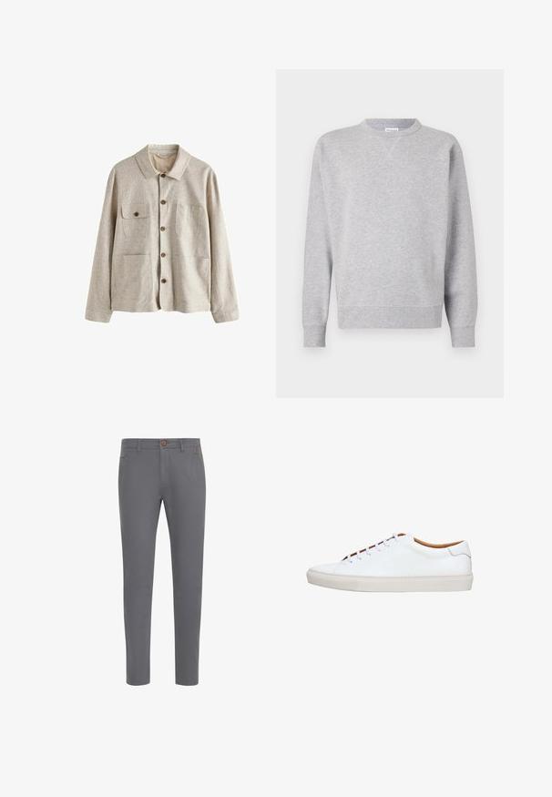 Beige jas met knopen, kraag en vier voorzakken, waarvan één met een knoopflap, gemaakt van gestructureerde stof.; Grijze sweatshirt van zacht materiaal, met een ronde hals, lange mouwen, geribbelde manchetten en een rechte zoom. Geen zichtbare patronen of grafische elementen.; Grijze katoenen broek met een aansluitend ontwerp, voorzien van een knoopsluiting, standaardzakken en een gladde textuur.; Witte leren sneaker met een gerookte rubberen zool, ronde neus en contrasterende beige binnenkant. Voorzien van vijf veterogen en witte veters.