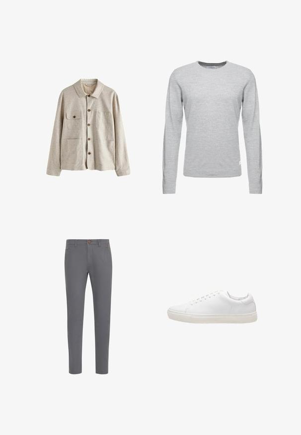 Beige jas met knopen, kraag en vier voorzakken, waarvan één met een knoopflap, gemaakt van gestructureerde stof.; Lichtgrijze trui, lange mouw, ronde hals, zachte textuur, minimalistisch ontwerp, klein logolabel op de linkeronderzoom.; Grijze katoenen broek met een aansluitend ontwerp, voorzien van een knoopsluiting, standaardzakken en een gladde textuur.; Witte leren sneaker met een gladde textuur, ronde neus, vetersluiting en een platte rubberen zool. Minimalistisch ontwerp zonder zichtbare patronen.