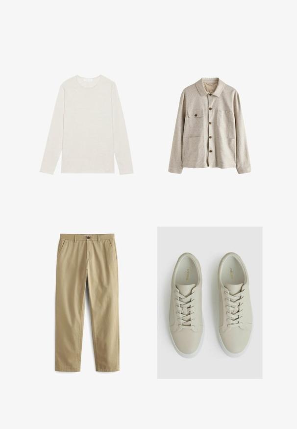 Beige skjortejakke med krave og fire forlommer, hvoraf den ene har en knaplukket klap, lavet af tekstureret stof.; Creme langærmet t-shirt lavet af blødt strikket stof. Har en rund halsudskæring og en afslappet pasform uden synlige mønstre eller accenter.; Beige bukser lavet af en bomuldsblanding, med knaplukning, to forlommer og lige ben med minimal tekstur.; Lys beige lædersneakers med en struktureret overflade, der har seks øjer, flade snørebånd og en hvid gummisål. Guld branding indeni.