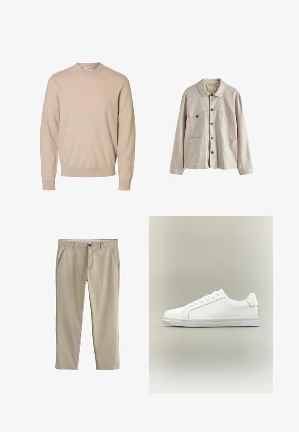 Beige jas met knopen, kraag en vier voorzakken, waarvan één met een knoopflap, gemaakt van gestructureerde stof.; Beige trui met lange mouwen en ronde hals van zachte gebreide stof, met geribbelde boorden en zoom, ontworpen voor heren.; Beige rechte broek met zijzakken, riemlussen en een knoopsluiting in de taille.; Witte lage sneaker met veterluiting aan de voorkant en een gestructureerde rubberen zool tegen een neutrale achtergrond.