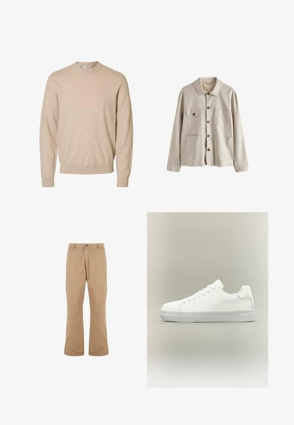 Beige jas met knopen, kraag en vier voorzakken, waarvan één met een knoopflap, gemaakt van gestructureerde stof.; Beige trui met lange mouwen en ronde hals van zachte gebreide stof, met geribbelde boorden en zoom, ontworpen voor heren.; Beige katoenen broek met een rechte snit, voorzien van een knoopsluiting, zijzakken en een gladde textuur.; Witte lage sneaker met veters aan de voorkant, gevoerde kraag en gerubberde zool met textuur, zijaanzicht op een neutrale achtergrond.