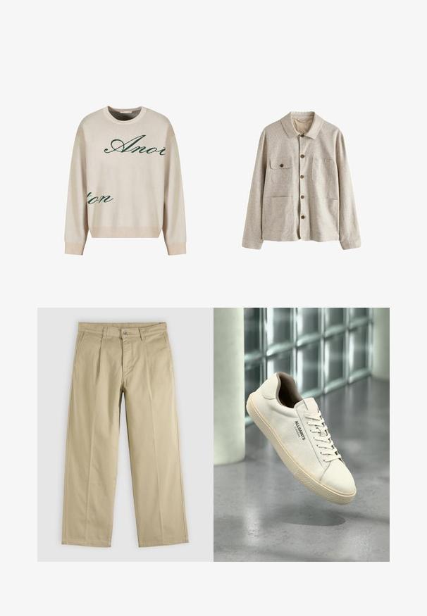 Chaqueta beige abotonada con cuello y cuatro bolsillos delanteros, uno con solapa abotonada, confeccionada en tela texturizada.; Jersey de punto beige con texto verde en cursiva. Cuello y puños acanalados, corte relajado, con una textura suave.; Pantalones beige de pierna recta con pliegues frontales, trabillas para cinturón, bolsillos laterales y cierre de botón en la cintura.; Zapatilla de lona blanca con suela y cordones beige, logo "AllSaints London" a un lado, flotando sobre un suelo gris pulido cerca de bloques de cristal.
