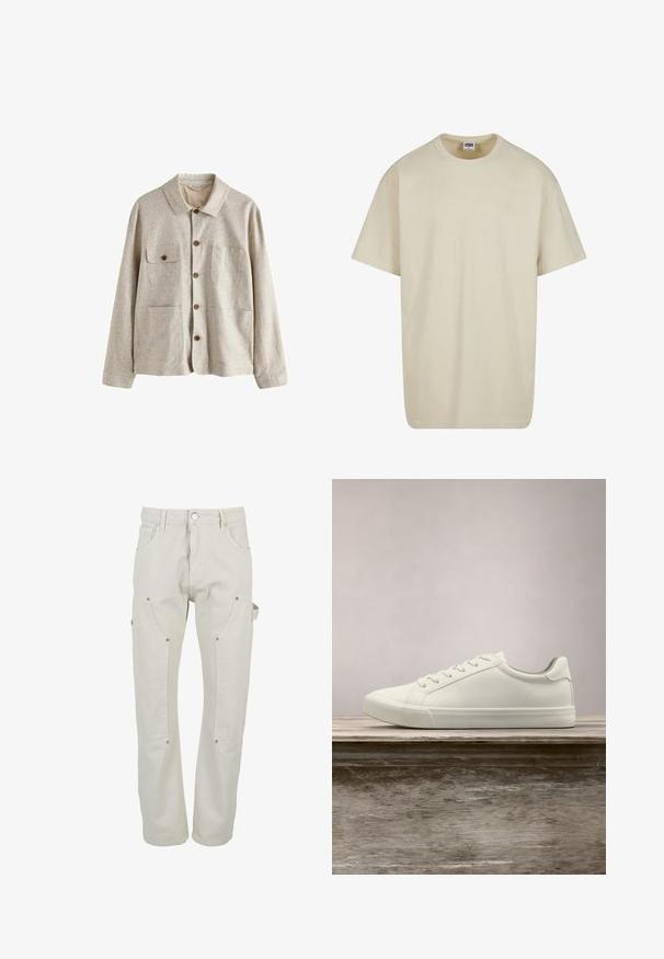 Beige skjortejakke med krave og fire forlommer, hvoraf den ene har en knaplukket klap, lavet af tekstureret stof.; Lysebeige bomulds-T-shirt med korte ærmer, rund halsudskæring og løs pasform. Stoffet fremstår glat uden synlige mønstre eller accenter.; Lyse beige cargobukser lavet af holdbart bomuld. Har flere lommer, trykknapper og et design med lige ben.; Hvide snørresneakers svævende over en træbænk med grønne planter i baggrunden, der fremhæver skodesign og tekstur.