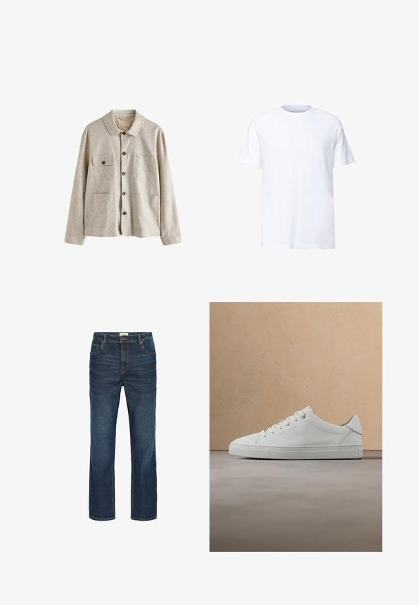 Beige jas met knopen, kraag en vier voorzakken, waarvan één met een knoopflap, gemaakt van gestructureerde stof.; Effen witte T-shirt met korte mouwen en een gewone ronde hals, met een relaxte pasvorm, weergegeven op een witte achtergrond.; Donkerblauwe spijkerbroek met een rechte snit, vijf zakken, contrasterende stiksels en een tailleband met een metalen knoop en riemlussen.; Witte leren lage sneaker met veters, zwevend boven een beige vloerkleed met textuur, vlakbij een ronde houten salontafel met boeken.