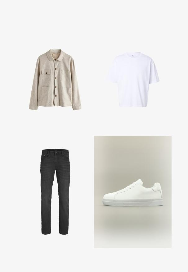 Beige Hemdjacke mit Kragen und vier vorderen Taschen, eine mit Knopfklappe, aus strukturiertem Stoff.; Schlichtes weißes Baumwoll-T-Shirt mit kurzen Ärmeln, Rundhalsausschnitt, lockerem Schnitt und Urban Classic Markenetikett im Krageninneren.; Schwarze Jeans aus Denim mit schmaler Passform, Fünf-Taschen-Design, klassischem Knopf- und Reißverschluss sowie subtiler, durchgängiger Ausbleichung.; Weißer Sneaker in niedriger Schnittform mit Schnürung vorne, gepolstertem Kragen und strukturiertem Gummisohle, seitlich auf neutralem Hintergrund dargestellt.