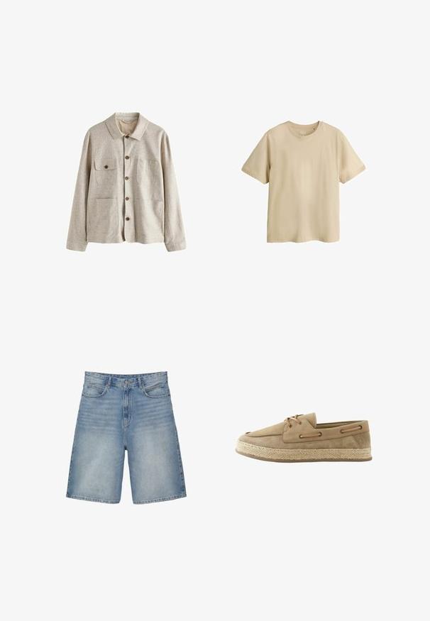 Beige skjortejakke med krave og fire forlommer, hvoraf den ene har en knaplukket klap, lavet af tekstureret stof.; Beige kortærmet bomuld T-shirt med rund hals i medium størrelse og medium pasform, vist på hvid baggrund.; Lyseblå denimshorts med en lige pasform har fem lommer, en lynlås, og en let falmet tekstur.; Beige ruskind bådsko med sidelærkedetaljer og flettet jutesål, set fra ydersiden på en hvid baggrund.