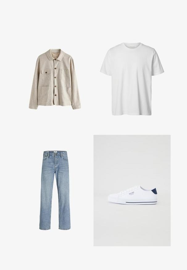 Beige skjortejakke med krave og fire forlommer, hvoraf den ene har en knaplukket klap, lavet af tekstureret stof.; Enkelt hvid T-shirt med korte ærmer og rund hals, løs pasform og uden synlige logoer eller designs foran.; Lyseblå denimjeans med lige ben, høj talje, fem-lommers design og subtilt slid, med metalknaplukning.; Hvide kanvas sneakers med en marineblå hælaccents, flad gummisål, rund tå og hvide snørebånd. Har logo på siden.