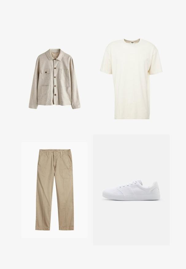 Beige skjortejakke med krave og fire forlommer, hvoraf den ene har en knaplukket klap, lavet af tekstureret stof.; T-shirt med korte ærmer og rund hals i lys cremefarve. Fremstillet af blødt bommateriale med en afslappet pasform og minimale sømme.; Beige lige ben chinos med bæltestropper, frontknap og lynlås lukning samt skrå frontlommer.; Hvide lærreds sneakers med gummisål, der har seks snørehuller, en struktureret tåkap og et minimalistisk design.