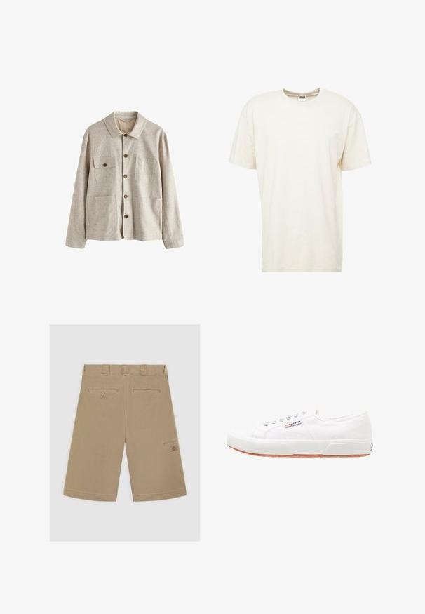 Beige Hemdjacke mit Kragen und vier vorderen Taschen, eine mit Knopfklappe, aus strukturiertem Stoff.; Kurzärmliges T-Shirt mit Rundhalsausschnitt in hellcreme Farbe. Hergestellt aus weichem Baumwollmaterial mit einer lockeren Passform und minimalen Nähten.; Helle braune Shorts mit flachem Bund, zwei Gesäßtaschen und einer Seitentasche. Aus glattem Baumwollstoff gefertigt.; Weiße Leinensneaker mit Gummisohle, Schnürdesign und einem kleinen Logolabel an der Seite. Strukturierte weiße Oberseite und braune Außensohle.