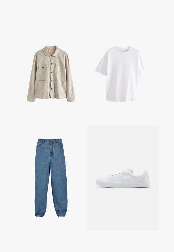 Chaqueta beige abotonada con cuello y cuatro bolsillos delanteros, uno con solapa abotonada, confeccionada en tela texturizada.; Camiseta blanca lisa de manga corta y cuello redondo con un ajuste relajado sobre un fondo blanco.; Pantalones de mezclilla de color azul claro con cintura alta, diseño de pierna ancha, estilo de cinco bolsillos, y cierre de botón y cremallera.; Zapatillas de lona blancas con suela de goma, que cuentan con seis ojales, una puntera texturizada y un diseño minimalista.