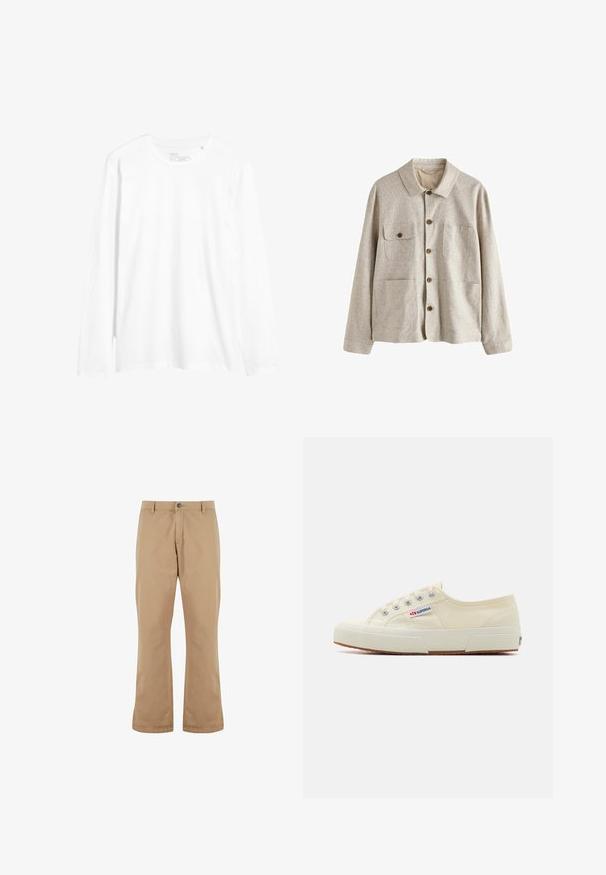 Beige skjortejakke med krave og fire forlommer, hvoraf den ene har en knaplukket klap, lavet af tekstureret stof.; Langærmet hvid t-shirt lavet af bomuld. Har rund halsudskæring, slim fit og sideslids ved kanten. Simpelt design uden mønstre.; Beige bomuldsbukser med lige pasform, der har knaplukning, forlommer og en glat tekstur.; Beige lærredssneaker med et lavprofildesign, metaløjet og gummisål. Har et tekstureret mønster og logodetalje på siden.