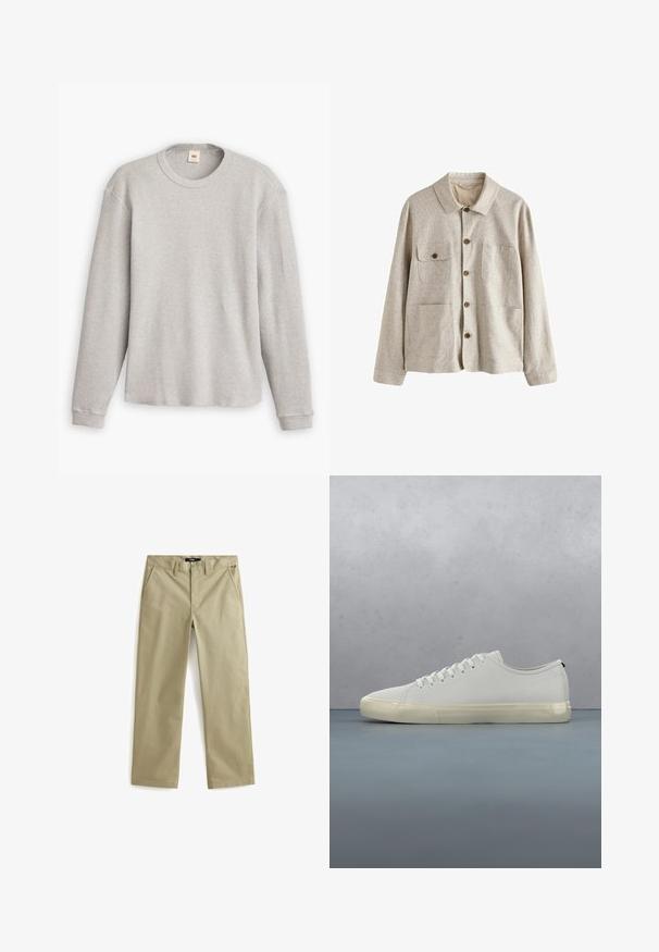 Beige jas met knopen, kraag en vier voorzakken, waarvan één met een knoopflap, gemaakt van gestructureerde stof.; Grijze lange mouwen trui van gebreid materiaal met een geribbeld patroon, ronde halslijn en rechte zoom. De manchetten zijn aansluitend en gemaakt van zachte stof.; Beige katoenen chinos met een rechte pijp, voorzien van twee voorzakken en een klassieke knoopsluiting. Soepele textuur, minimale accenten.; Witte leren sneaker met veters zwevend boven vierkante houten tegels en kleine stenen, met een boom en een grijze achtergrond.