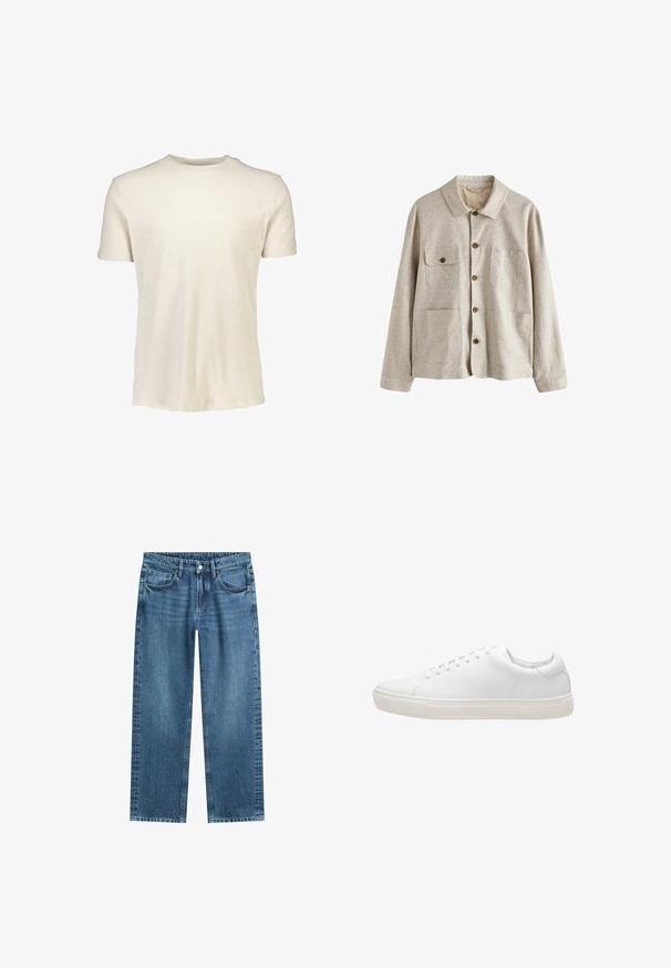 Beige skjortejakke med krave og fire forlommer, hvoraf den ene har en knaplukket klap, lavet af tekstureret stof.; Kortærmet T-shirt i lyse beige, lavet af blødt bomuld. Har en rund halsudskæring og en glat tekstur uden mønstre eller grafik.; Straight-leg blå denim jeans med klassisk fem-lomme design og knaplukning på hvid baggrund.; Hvide lædersneakers med en glat overflade, rund tå, snørebåndslukning og flad gummisål. Minimalistisk design uden synlige mønstre.