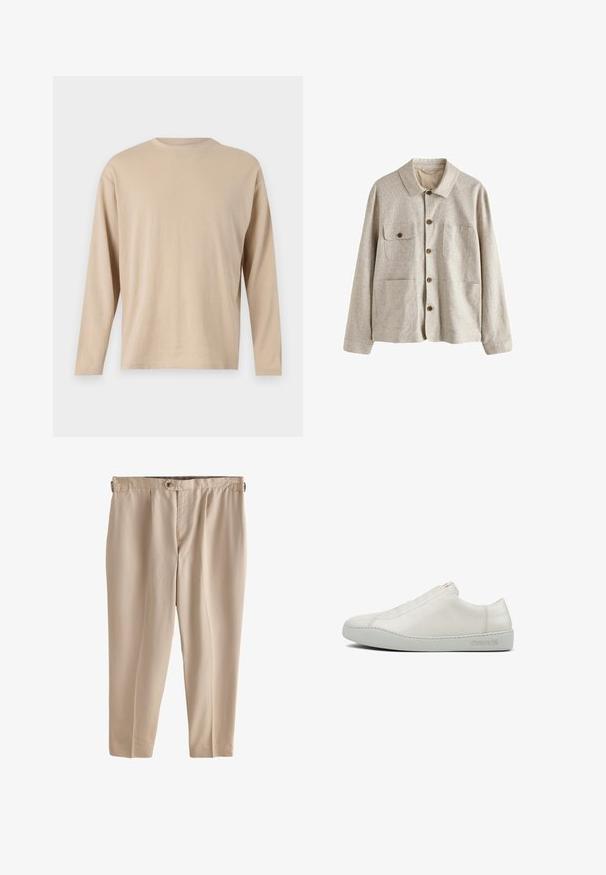 Beige jas met knopen, kraag en vier voorzakken, waarvan één met een knoopflap, gemaakt van gestructureerde stof.; Beige langesleeve shirt gemaakt van zachte stof met een rechte snit, ronde halslijn en minimale stikdetails langs de zoom en de mouwen.; Beige, lichtgewicht broek met een ontspannen pasvorm, voorzien van plooi en een enkele knoopsluiting in de taille. Soepele textuur, cropped lengte.; Witte leren sneaker met een minimalistisch ontwerp, met een ronde neus, subtiele stiksels en een grijze rubberen zool. Merkenlogo gegraveerd aan de zijkant.