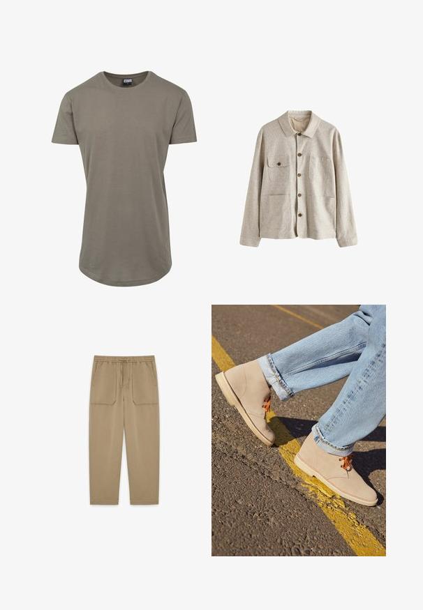 Beige jas met knopen, kraag en vier voorzakken, waarvan één met een knoopflap, gemaakt van gestructureerde stof.; Olijfgroene t-shirt van zacht katoen, met een ronde halslijn en korte mouwen, en een langere gebogen zoom voor een relaxte pasvorm.; Beige casual broek met elastische tailleband, trekkoord en twee grote voorzakken, plat weergegeven op een witte achtergrond.; Beige suède enkellaarsjes met oranje veters, ronde neus en een lichte rubberen zool, gecombineerd met opgerolde lichtblauwe denim jeans.