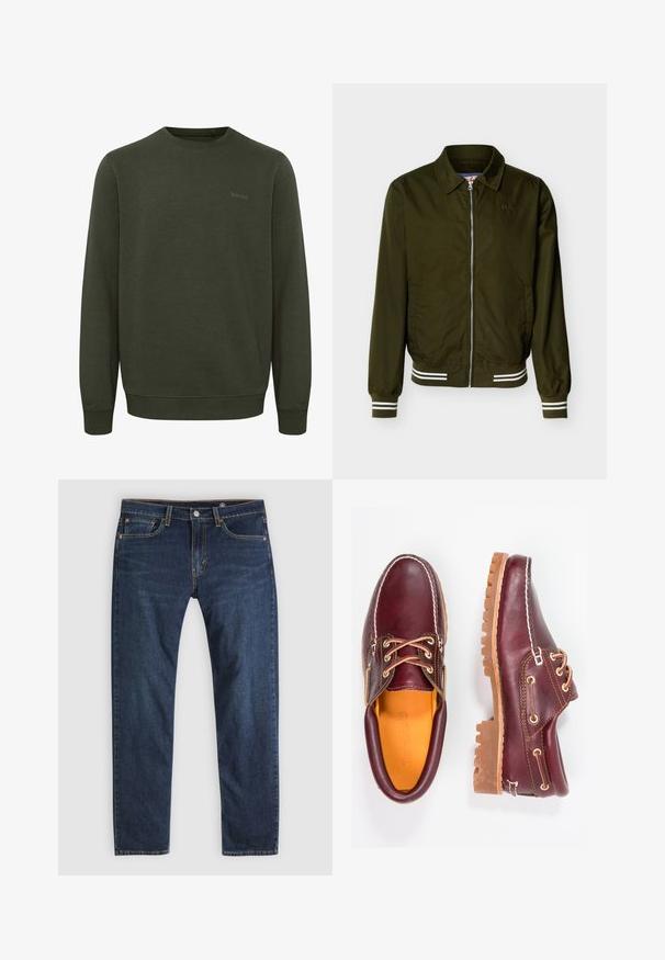 Olivengrøn lynlåsjakke med krave, elastiske manchetter og kant med hvide dobbelte striber samt sidelommer.; Olivengrøn sweatshirt lavet af blødt stof, med rund halsudskæring, lange ærmer og ribkant. Diskret "blend" logo i matchende farve.; Mørkeblå straight-leg cowboybukser med fem lommer, kobbernitter, bæltestropper og en knaplukning på en lys baggrund.; Bordeaux lædersko med brune gummisåler, rund tå, hvid syning og gyldne snøringer. Indersiden har et gult for.