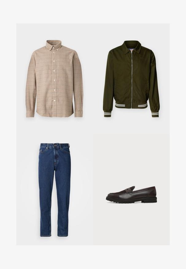 Olijfgroene jas met rits, kraag, elastische manchetten en zoom met witte dubbele strepen en zijzakken.; Beige en bruine geruite lange mouwen knoopshirt met een knoop- naar beneden kraag, weergegeven op een effen achtergrond, vooraanzicht.; Donkerblauwe spijkerbroek gemaakt van denim, met een rechte pijp, vijfzakkenontwerp en zichtbare stiksels langs de naden.; Donkerbruine leren en suède penny loafer met een dikke zwarte rubberen zool, zijaanzicht op een witte achtergrond.