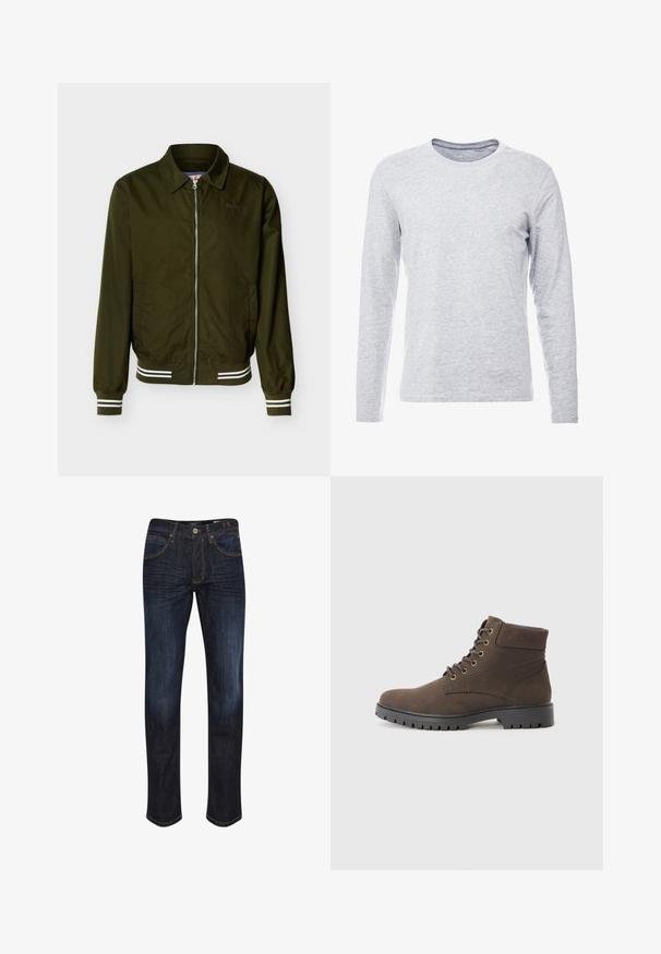 Olivgrüne Zip-up-Jacke mit Kragen, elastischen Bündchen und Saum mit weißen Doppelstreifen sowie Seitentaschen.; Langärmliges graues T-Shirt aus einem sanften, leichten Stoff mit klassischem Rundhalsausschnitt und schlichter, unauffälliger Gestaltung.; Dunkelblaue Denim-Jeans mit geradem Bein, fünf Taschen, goldenen Nähten und einer glatten Textur. Knopfverschluss an der Taille.; Braune Wildleder-Stiefeletten mit runder Zehenpartie, Schnürung vorne, metallenen Ösen und einer robusten schwarzen Gummisohle mit Profil.