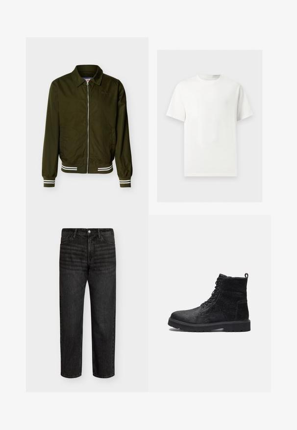Olivgrüne Zip-up-Jacke mit Kragen, elastischen Bündchen und Saum mit weißen Doppelstreifen sowie Seitentaschen.; Ein einfaches weißes T-Shirt mit kurzen Ärmeln und Rundhalsausschnitt, dargestellt auf einem hellgrauen Hintergrund.; Schwarze Denim-Jeans mit geradem Schnitt, mittelhoher Taille, fünf Taschen und Metallknopfverschluss. Glatte Textur mit subtiler Ausbleichung.; Schwarze Ankle Boots mit einer strukturierten Oberfläche, ausgestattet mit Schnürung vorne, robustem Gummisohle und einer Zuglasche hinten für einfaches An- und Ausziehen.