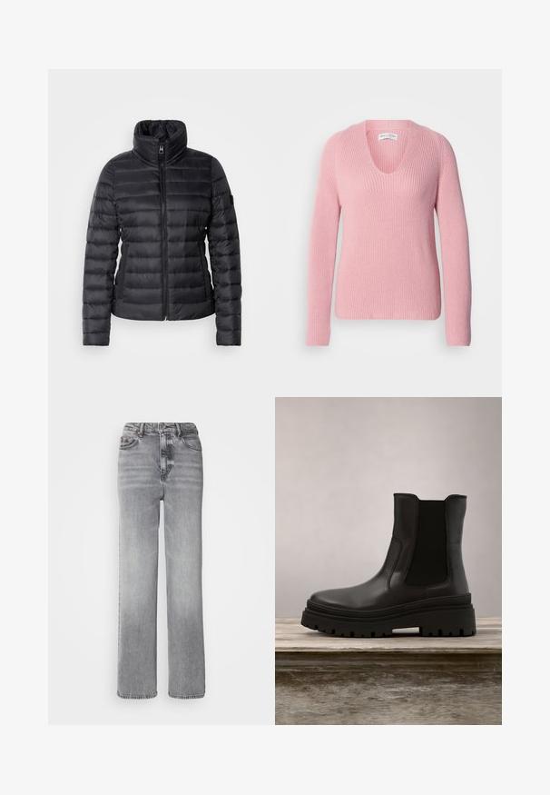 Sort pufferjakke med høj krave, lynlås i front, vandret quiltet design og glat tekstur. Har en sidelomme og logo-detalje.; Pink, v-hals sweater lavet af ribbet strikstof. Har lange ærmer og en afslappet pasform. Glat tekstur med ribbede mønsterdetaljer.; Grå højtaljede jeans med lige ben, lys slid og klassisk fem-lomme design med metalknaplukning.; Sort læder ankelstøvle med en kraftig sål, elastiske sidepaneler og en glat overflade. Elevaret design med kontrasterende såldetalje.