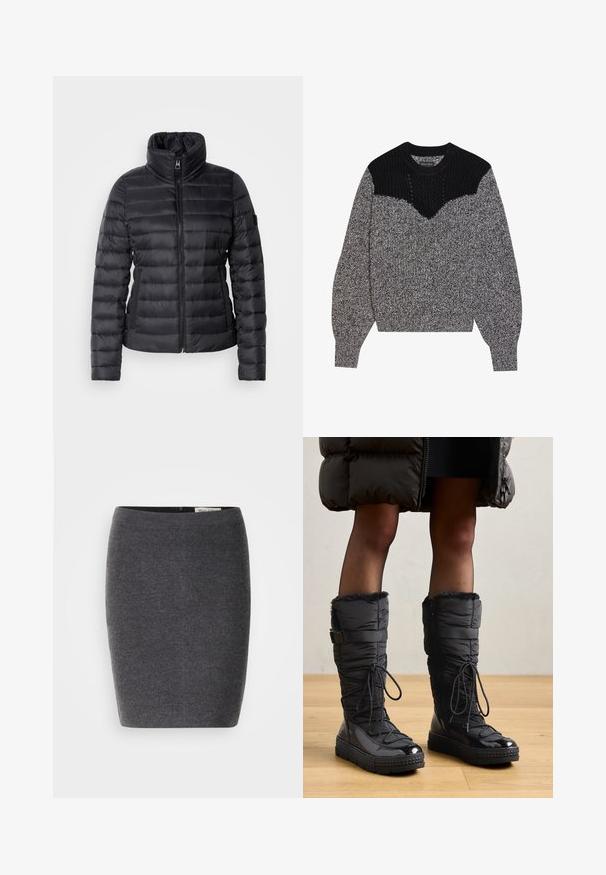 Sort pufferjakke med høj krave, lynlås i front, vandret quiltet design og glat tekstur. Har en sidelomme og logo-detalje.; Strikket sweater i sort og grå. Har en tekstureret sort yoke og et v-formet design. Lange ærmer med ribbede manchetter; blød, chunky tekstur.; Grå uld blyantskirt med en glat tekstur og tætsiddende design, med en diskret talje og uden synlige udsmykninger.; Knæhøje sorte pufferstøvler med fake fur kant, skinnende vandtæt overdel, tekstureret sål og justerbar snøre detaljer.