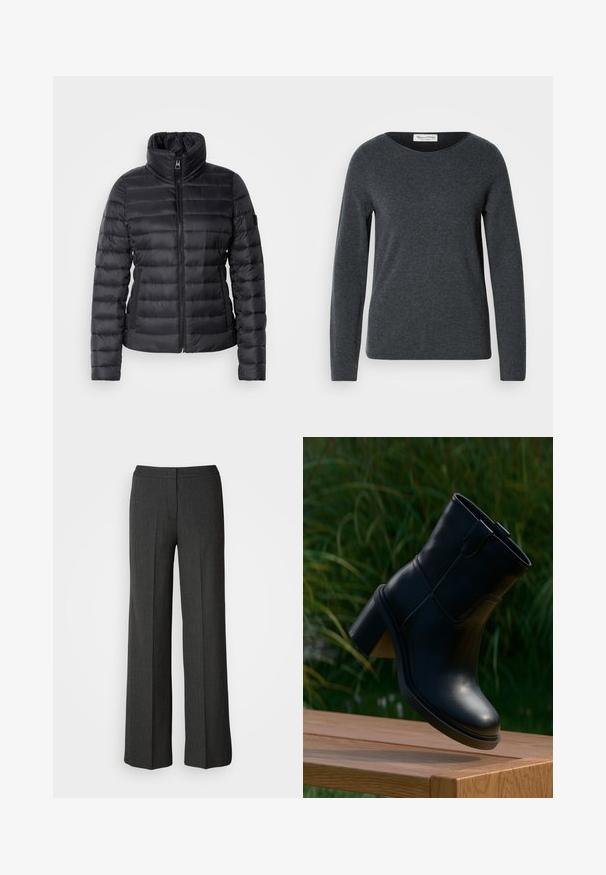 Chaqueta de plumas negra con cuello alto, cierre frontal con cremallera, diseño acolchado horizontal y textura suave. Presenta un bolsillo lateral y detalle del logo.; Suéter de manga larga gris oscuro con cuello redondo, hecho de un tejido suave. Presenta una textura lisa y un corte regular. Etiqueta de la marca visible.; Pantalones de pierna ancha en gris oscuro, hechos de tejido texturizado. Cuentan con una cinturilla ajustada y un sutil patrón de rayas.; Bota negra de cuero hasta el tobillo con tacón bloque levitando sobre una superficie de madera, con hierba verde en el fondo difuminado.