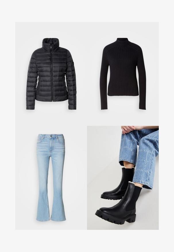 Sort pufferjakke med høj krave, lynlås i front, vandret quiltet design og glat tekstur. Har en sidelomme og logo-detalje.; Sort rippet turtleneck sweater med lange ærmer, tætsiddende design og struktureret overflade. Fremstillet af et strækbart strikket stof.; Lyseblå vide jeans lavet af denim med høj talje, prydet med subtil falming og en standard lynlås-lukning.; Sorte læder ankelstøvler med elastiske sidepaneler, teksturerede klodsede såler og lammeskindforing øverst, parret med lyseblå dekorerede jeans.